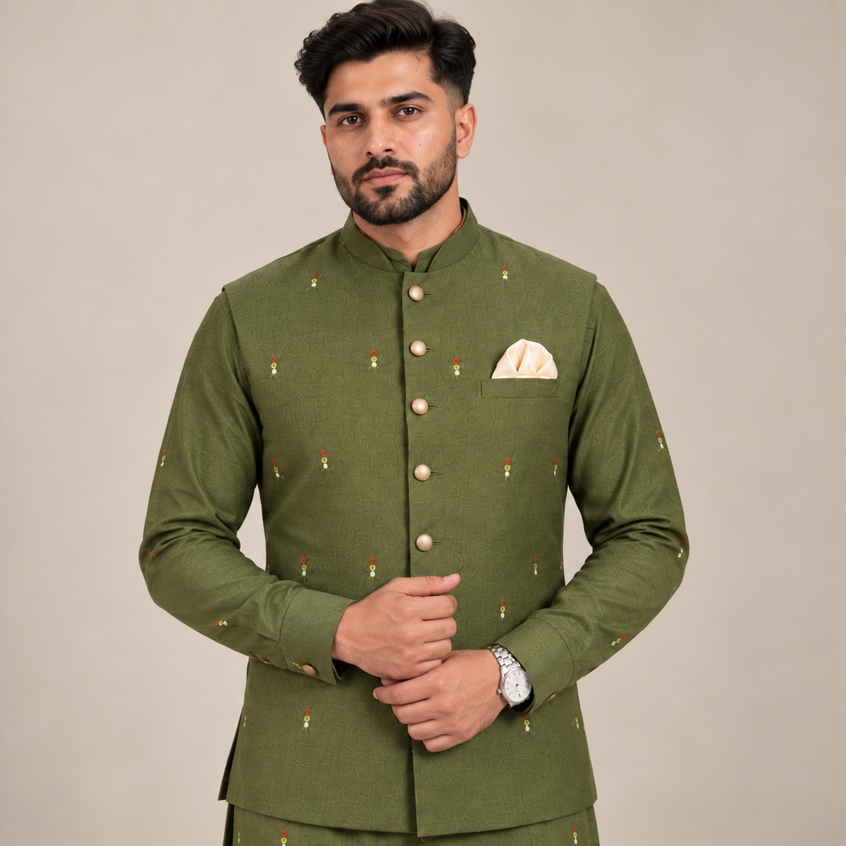 PURE KOREAN RAW SILK WITH HAND EMBELLISHMENT OLIVE GREEN WAISTCOAT KURTA PAJAMA