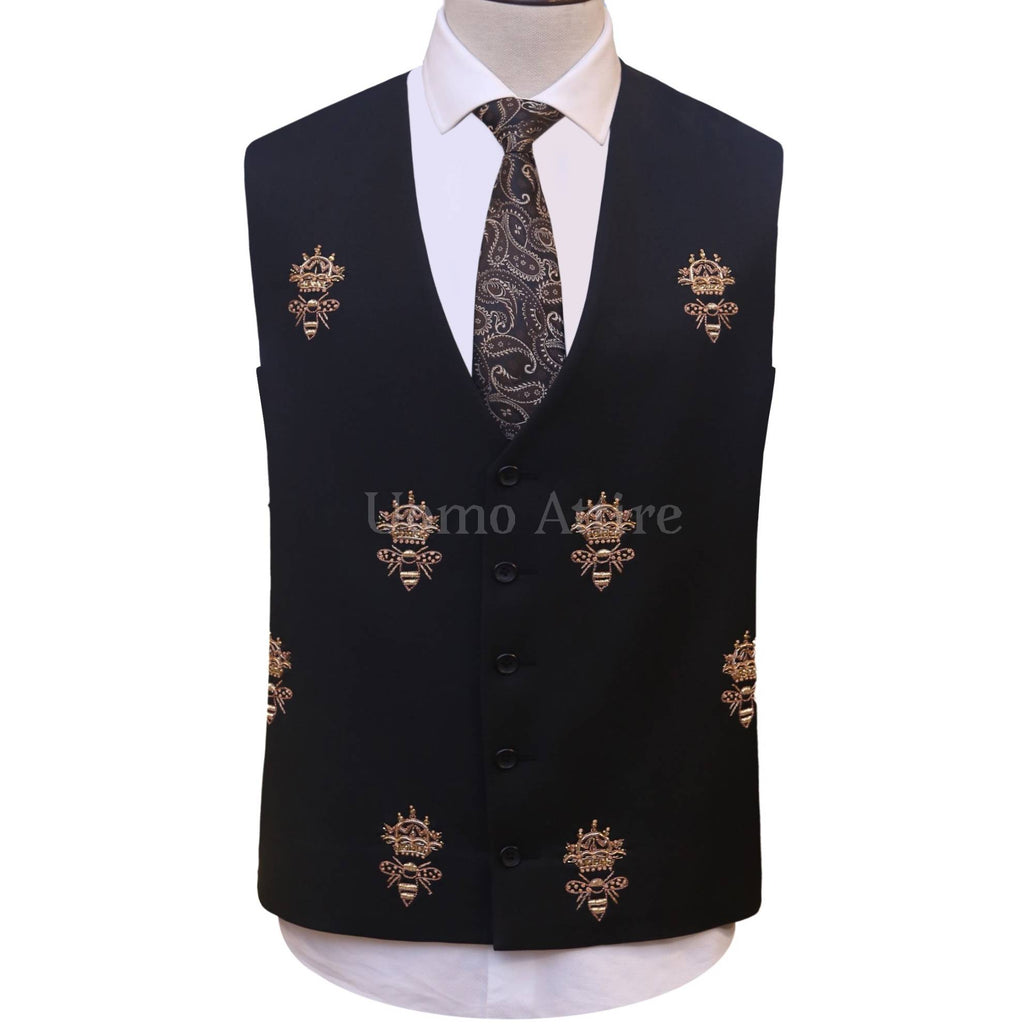 Bespoke honey bee black custom embellished 3 piece suit with same fabric vest | Best Wedding Suit for Groom
