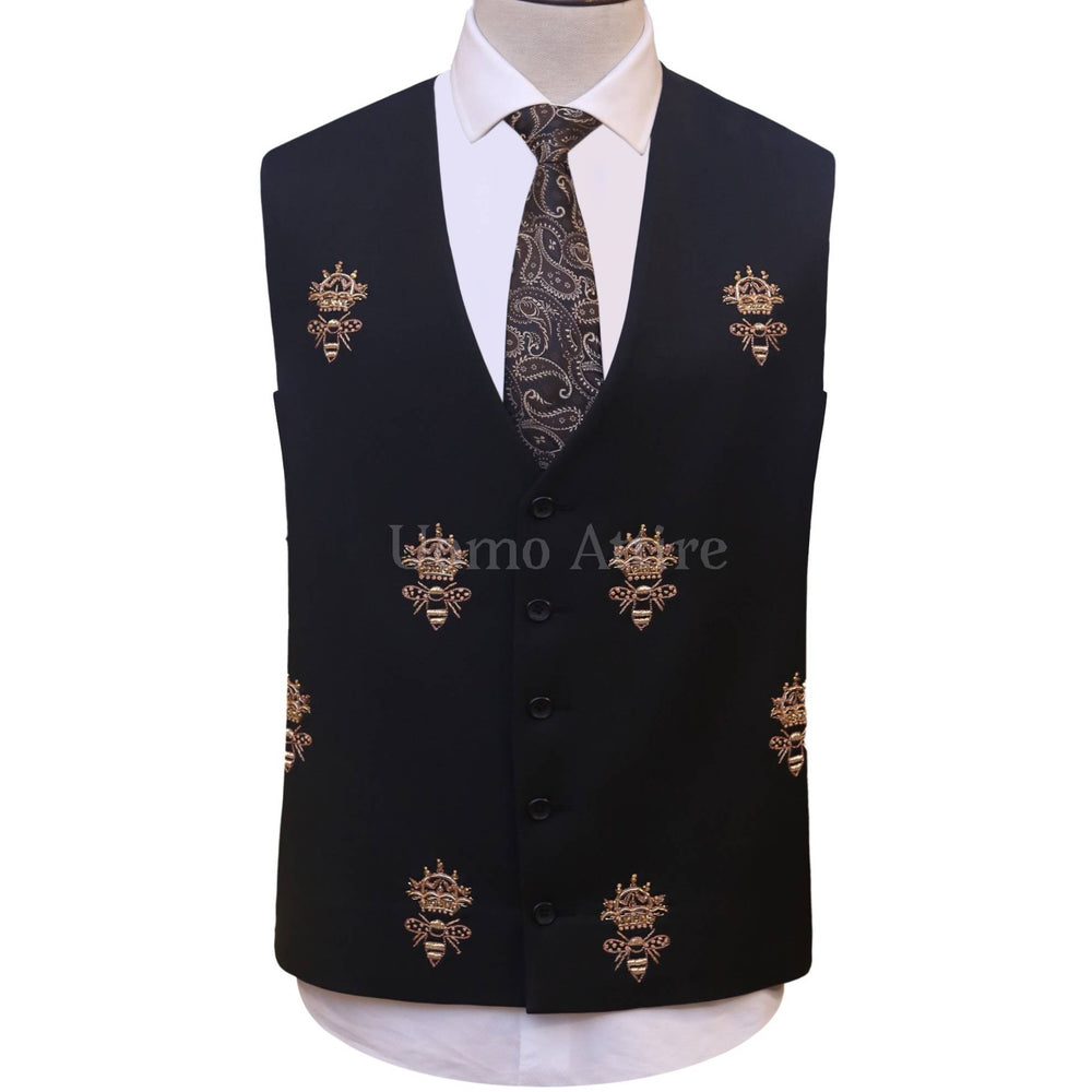 
                  
                    Bespoke honey bee black custom embellished 3 piece suit with same fabric vest | Best Wedding Suit for Groom
                  
                