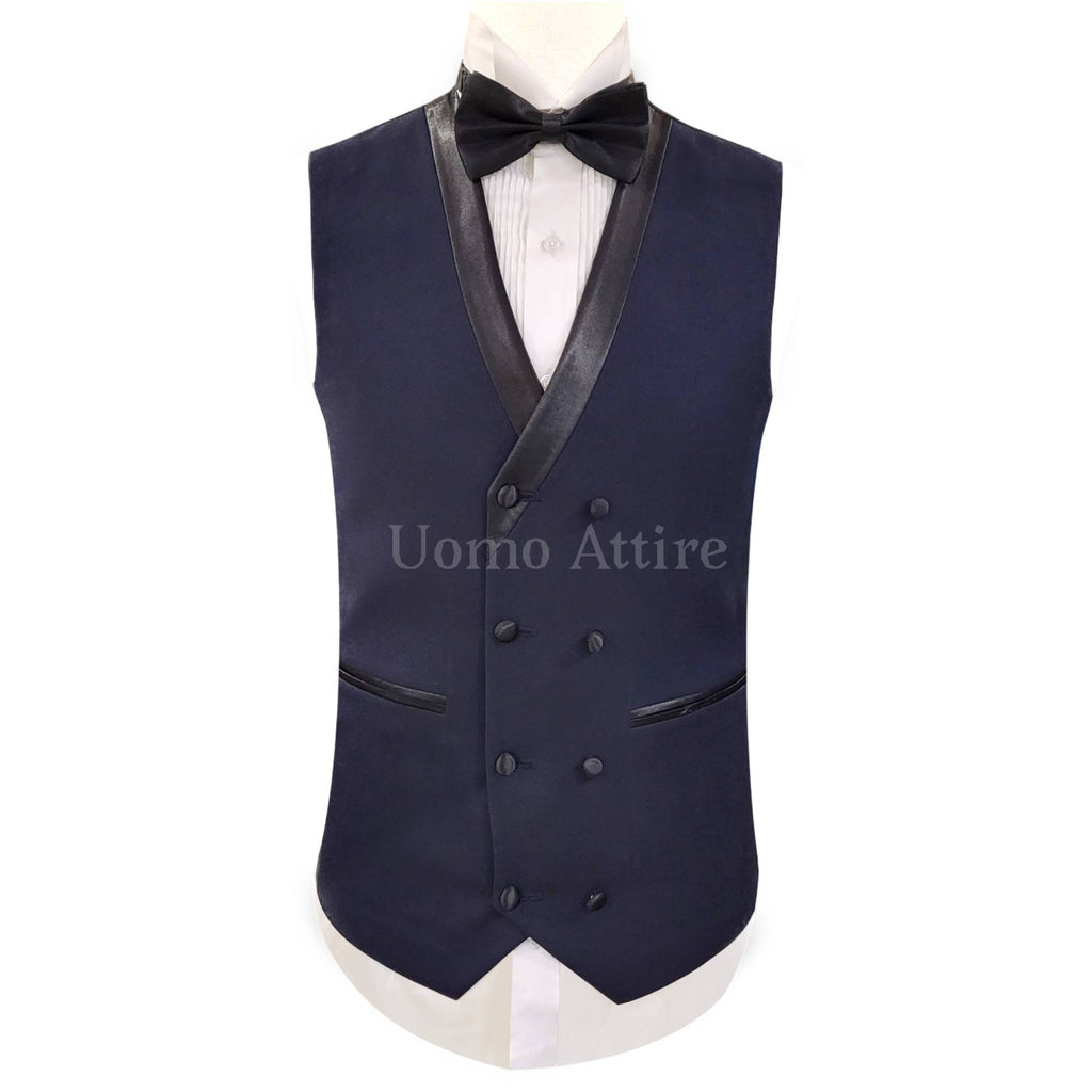Custom tailored navy blue embellished tuxedo 3 piece suit for groom with double breasted shawl lapel vest | Wedding suit for groom