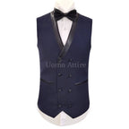 Custom tailored navy blue embellished tuxedo 3 piece suit for groom with double breasted shawl lapel vest | Wedding suit for groom