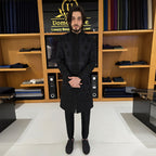 Men's Stylish Black Self Jamawar With Embellishment Sherwani for groom