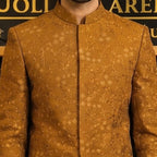 Men's Luxury Mustard Gold Embroidered Prince Coat with Matching Kurta Pajama