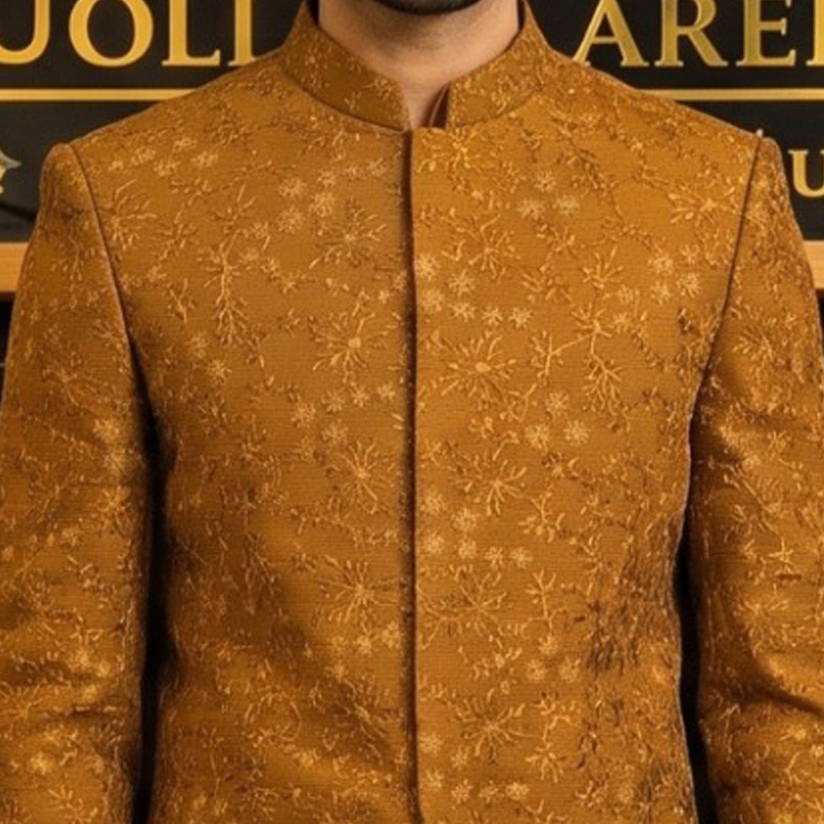 Men's Luxury Mustard Gold Embroidered Prince Coat with Matching Kurta Pajama
