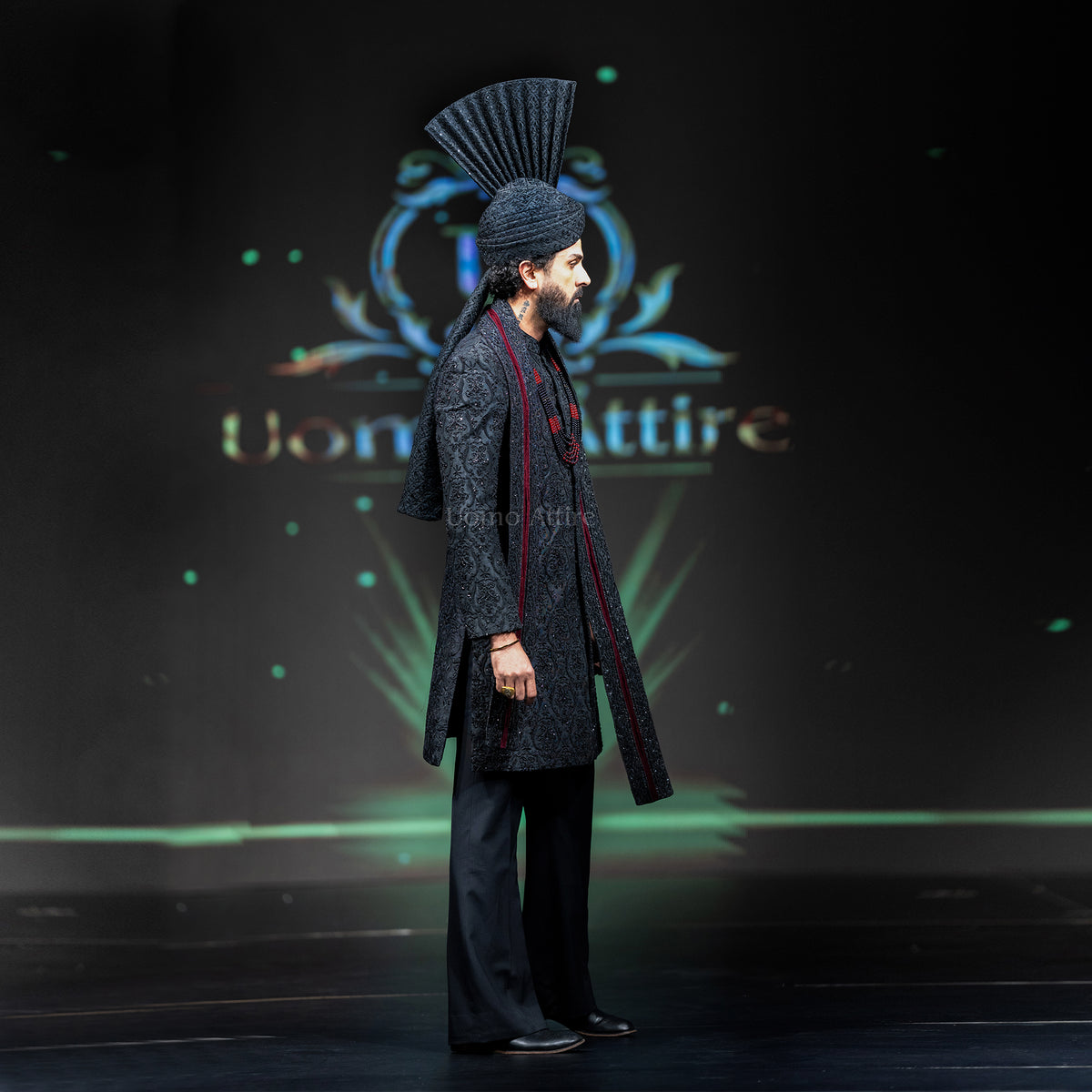 Men's Luxury Black Embroidered Sherwani with Groom Turban & Mala