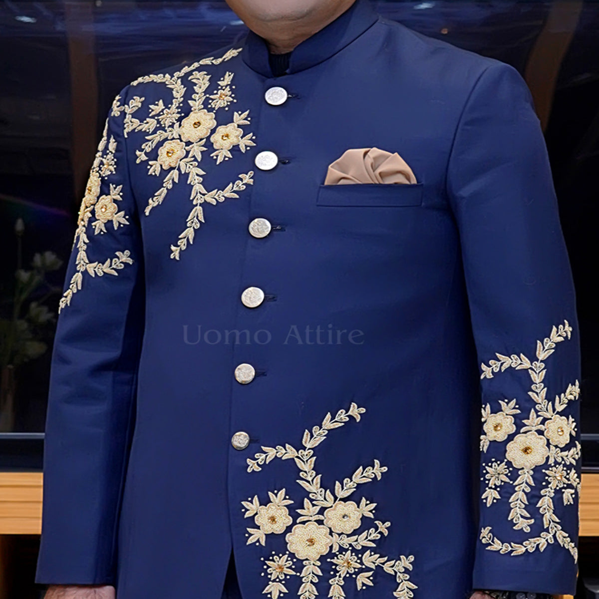 Men's Luxury Navy Blue Embroidered 2-Piece Prince Coat for Wedding