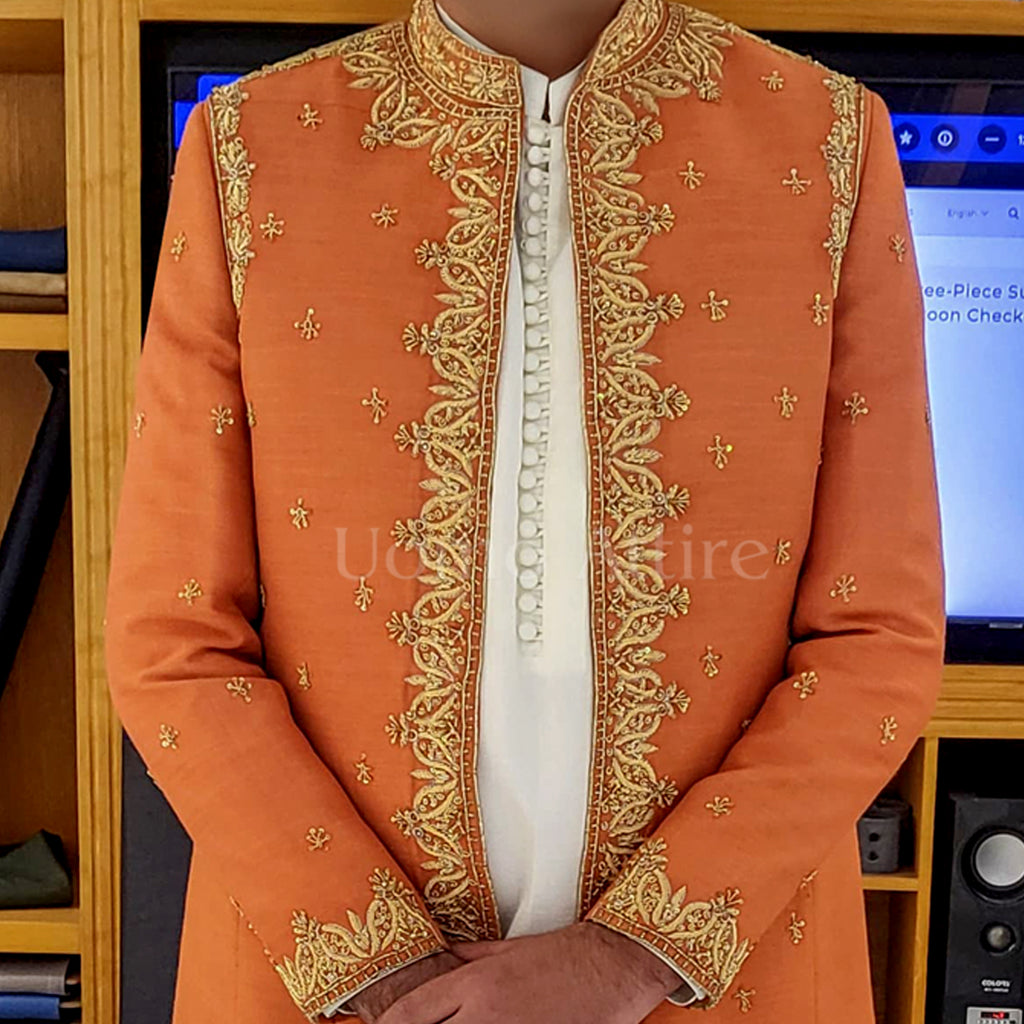 Men's Luxury Orange Embroidered Prince Coat with White Kurta