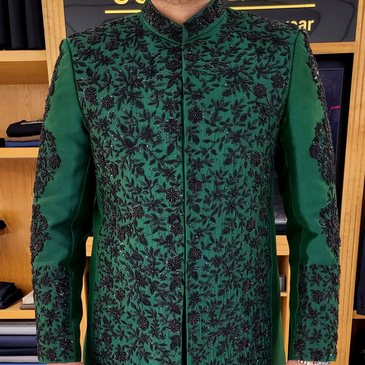 Men's Luxury Emerald Green Prince Coat with White Kurta Pajama