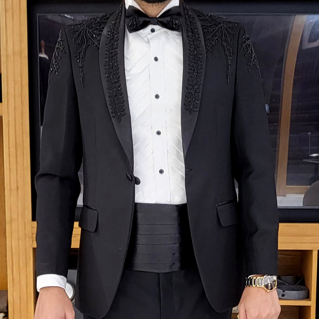 Men's Luxury Black Tuxedo 2-Piece Suit with Belt