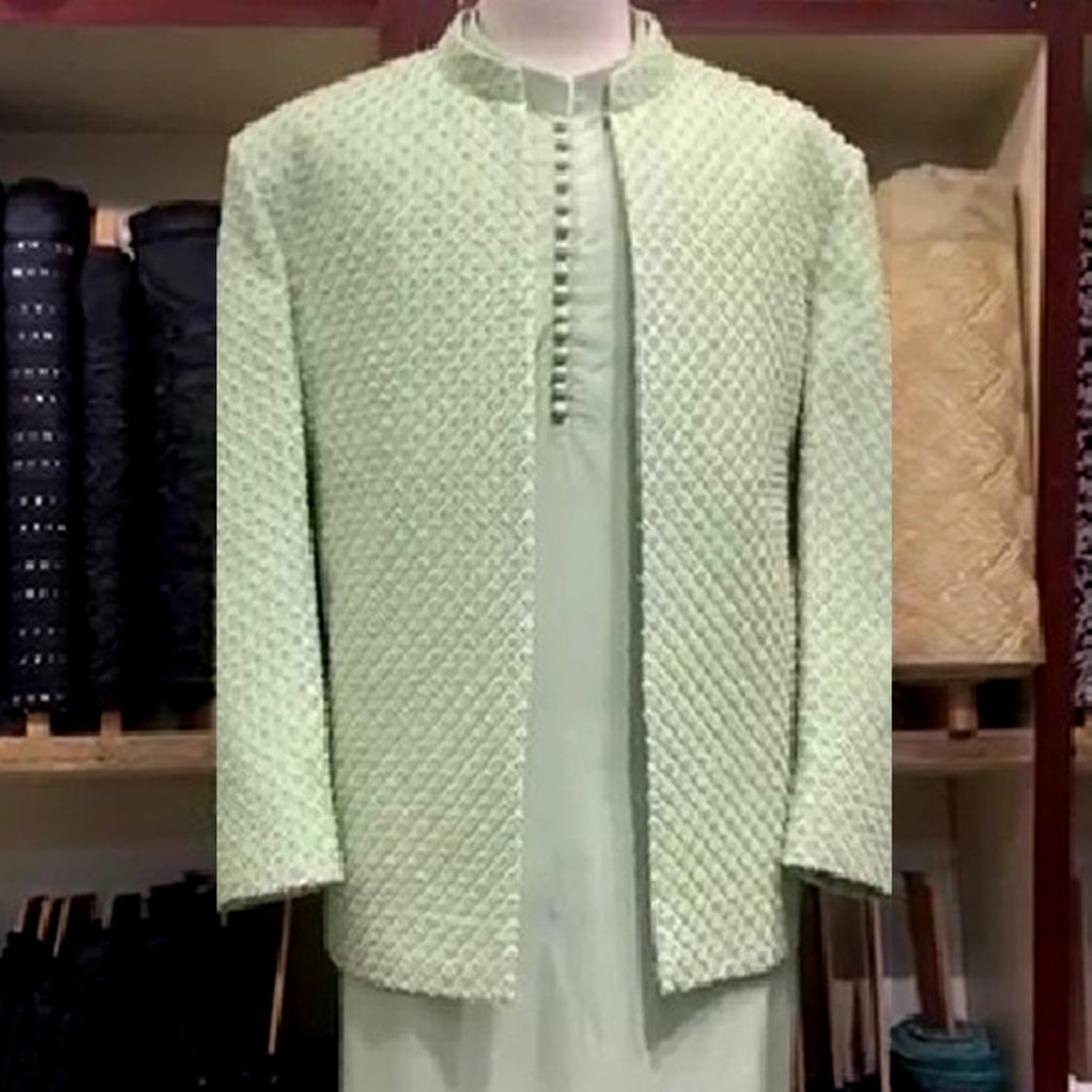 Men's Luxury Pistachio Green Embroidered Prince Coat with Matching Kurta Pajama