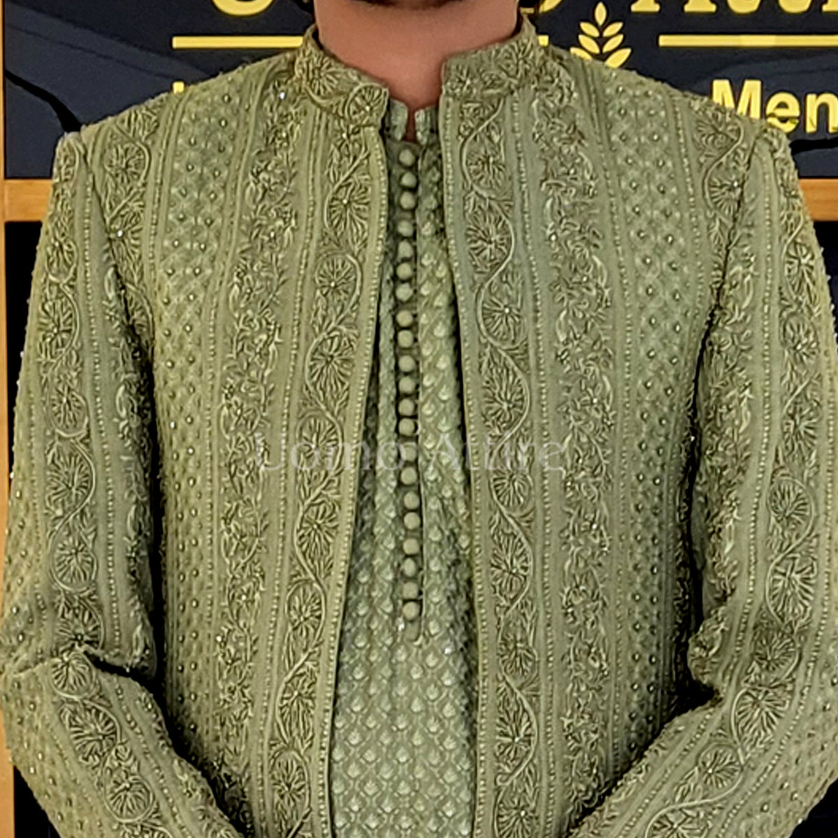 Pistachio Green Fully Embroidered Prince Coat for Men with Matching Embroidered Kurta Pajama