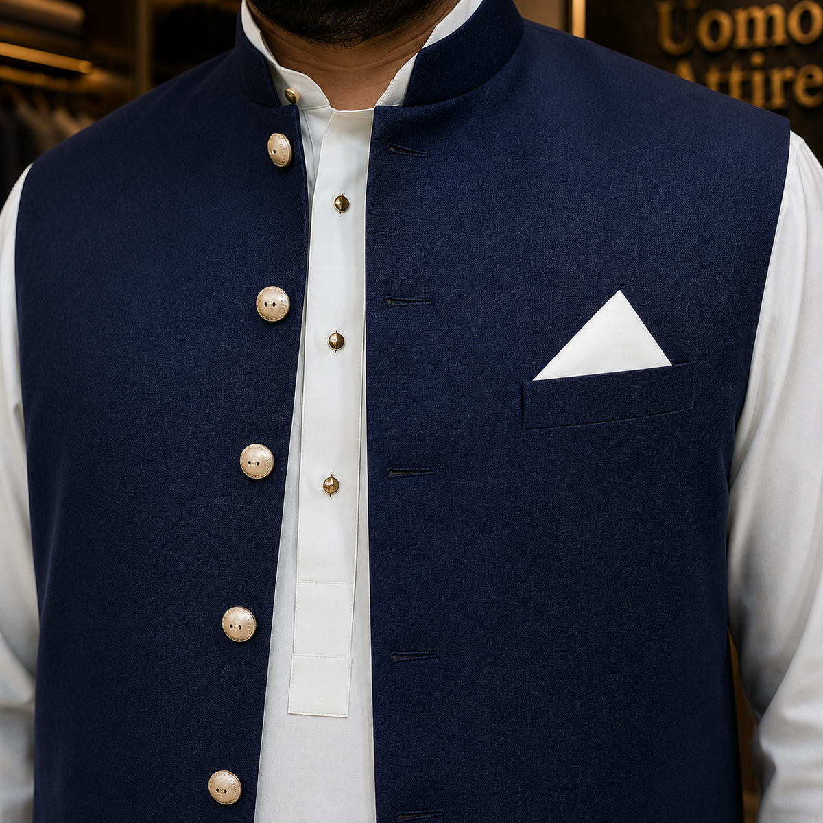 President Blue Super 130's Merino Waistcoat Worn by Mr. Nasir Khan