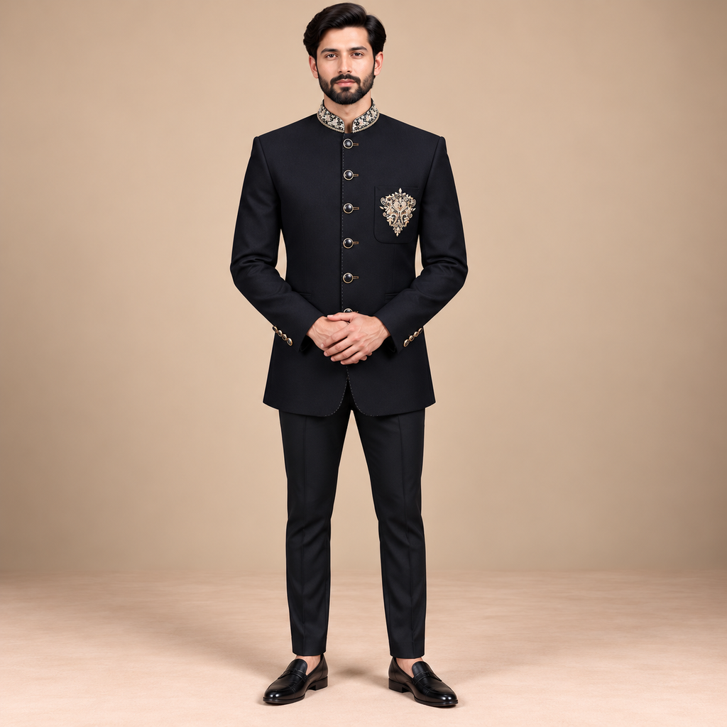 Tailormade imported jamawar black prince coat for smart look