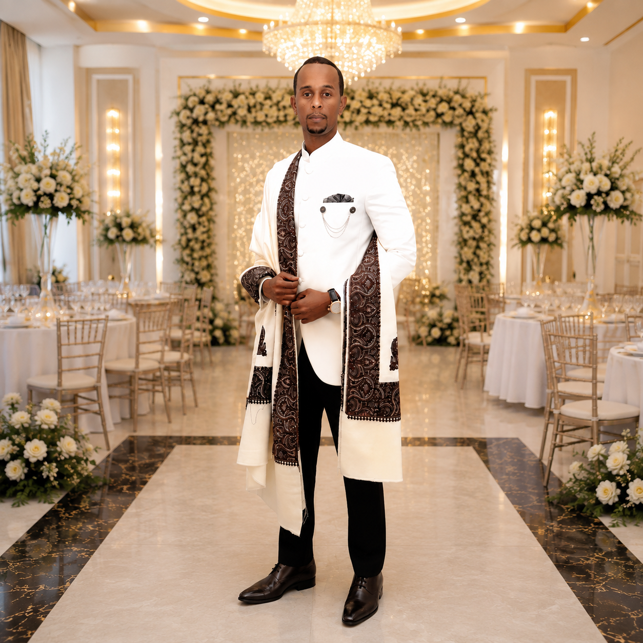 
                  
                    Mr. Abdirisak Ainan wearing White Prince Coat for Wedding in High Gauge Italian Wool
                  
                