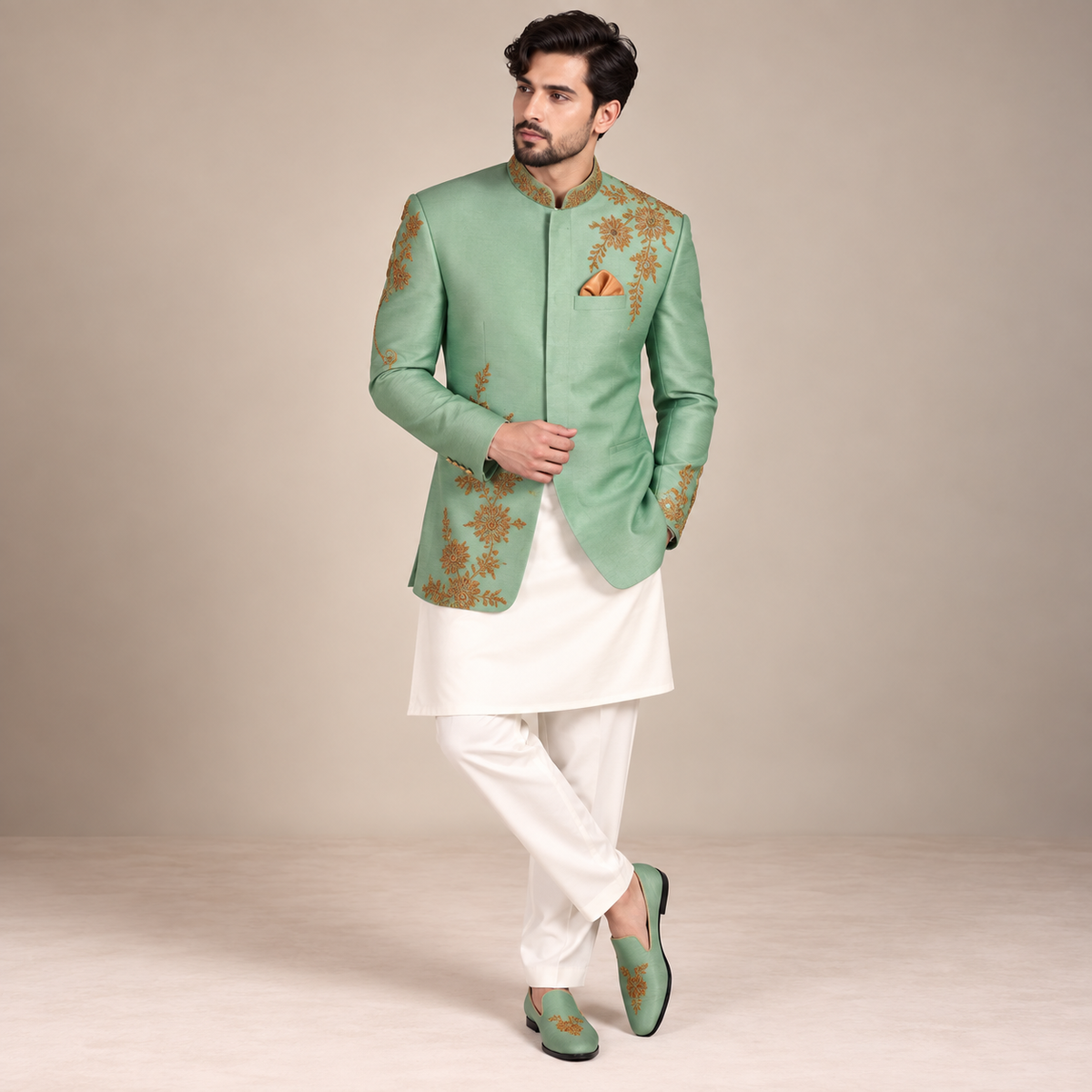 Buy Sea Green Prince Coat with Golden Work