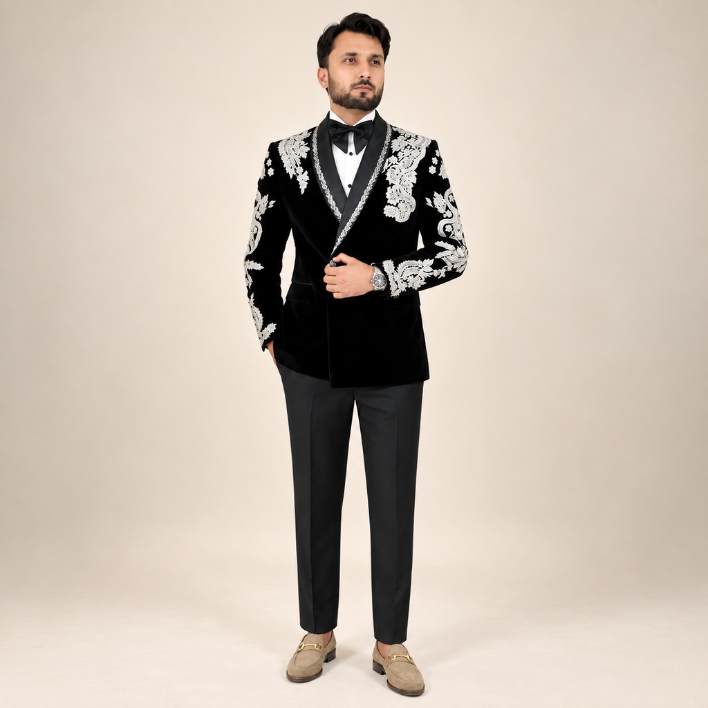 Men's Luxury Black Velvet Embroidered Tuxedo 2-Piece Suit