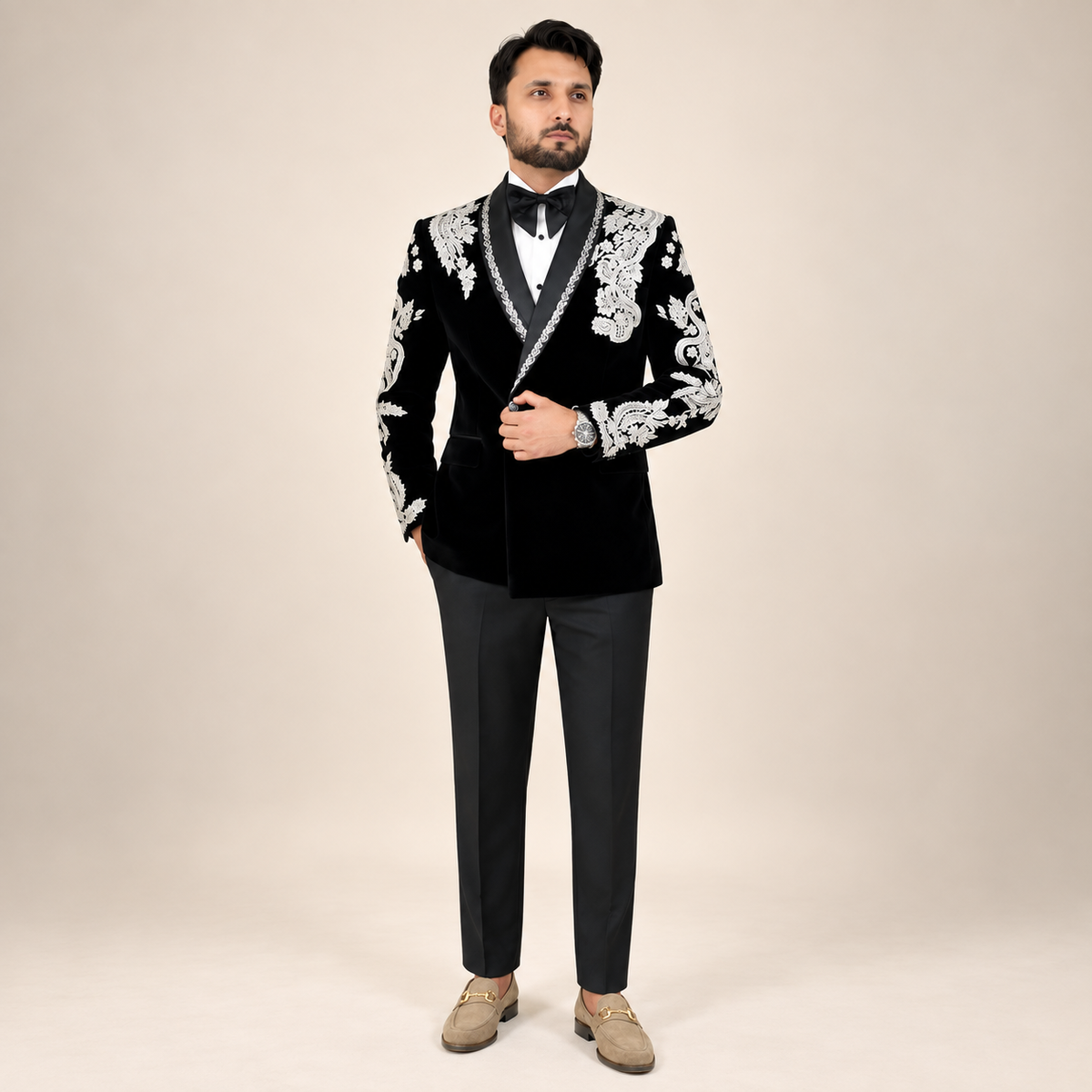 Men's Luxury Black Velvet Embroidered Tuxedo 2-Piece Suit