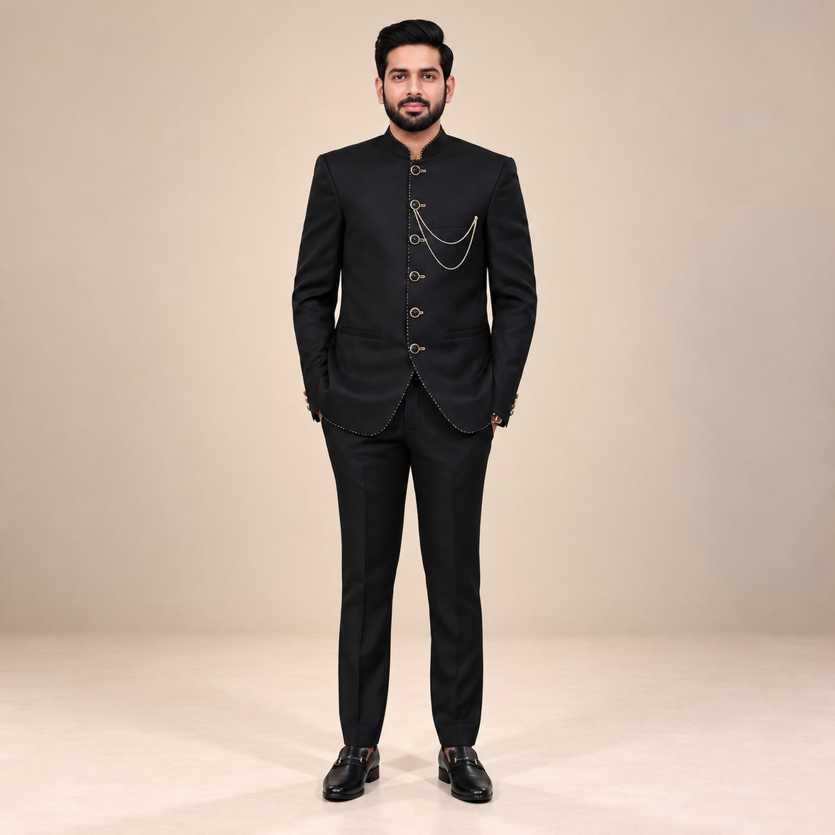 Custom Made Black Prince Two-Piece Suit with Intricate Silver Pickstitching for Men