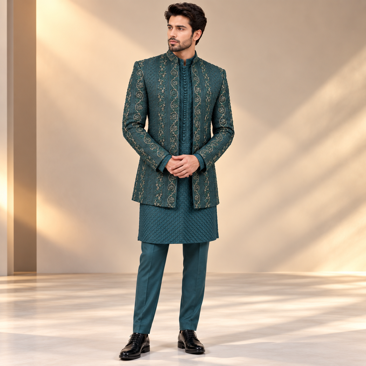 EMERALD REGAL EMBROIDERED BANDHGALA SUIT