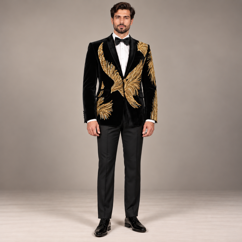 Jet Black Luxury Velvet Tuxedo with Intricate Golden Feather-Inspired Hand Embellishment