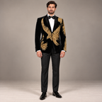 Jet Black Luxury Velvet Tuxedo with Intricate Golden Feather-Inspired Hand Embellishment