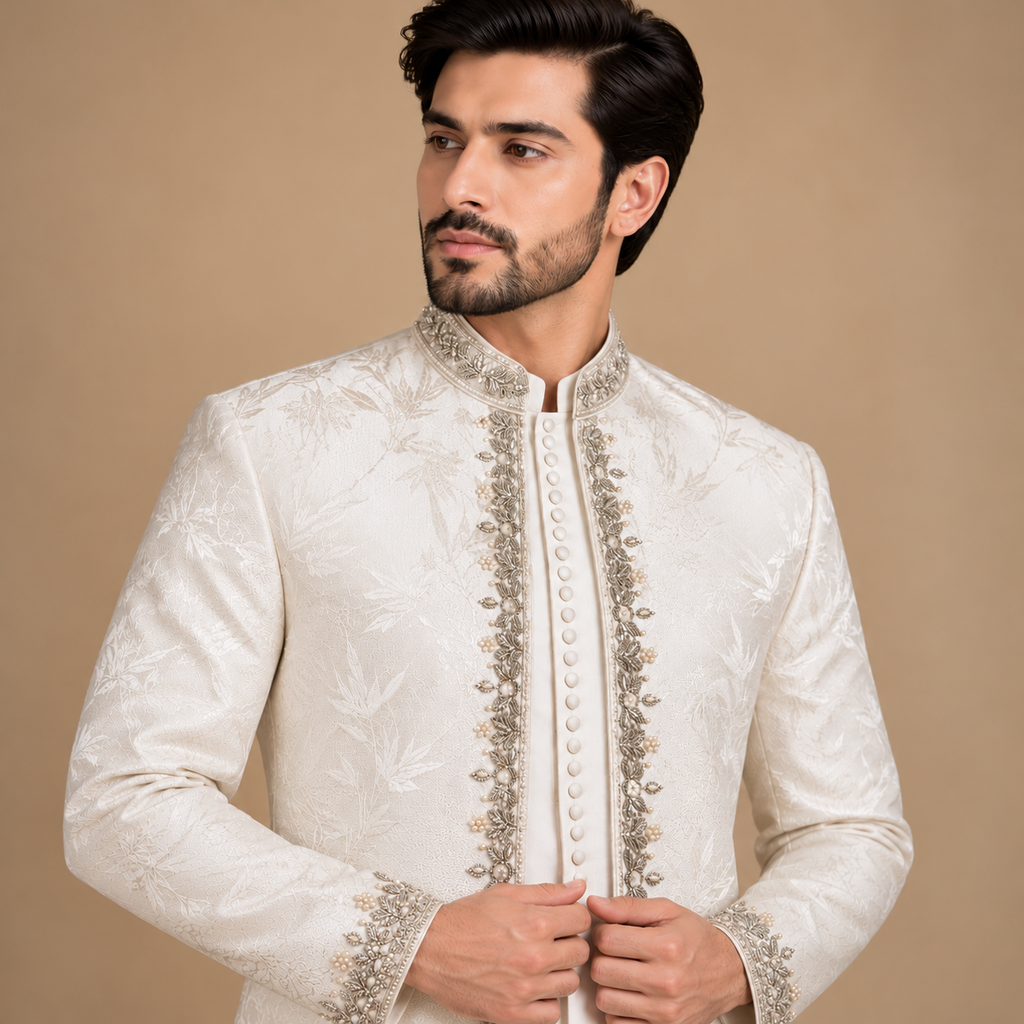 Premium Pure White Self-Textured Prince Coat with Hand Embellishment