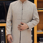 Men's Beige Golden Heavy Embroidered Short Sherwani