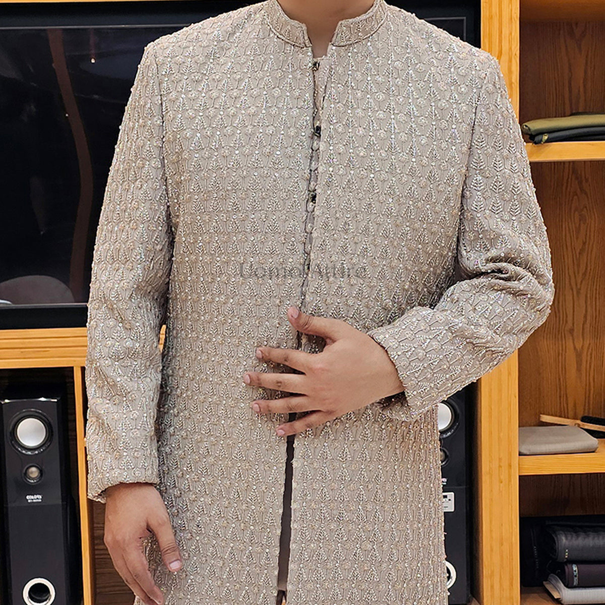 Men's Beige Golden Heavy Embroidered Short Sherwani