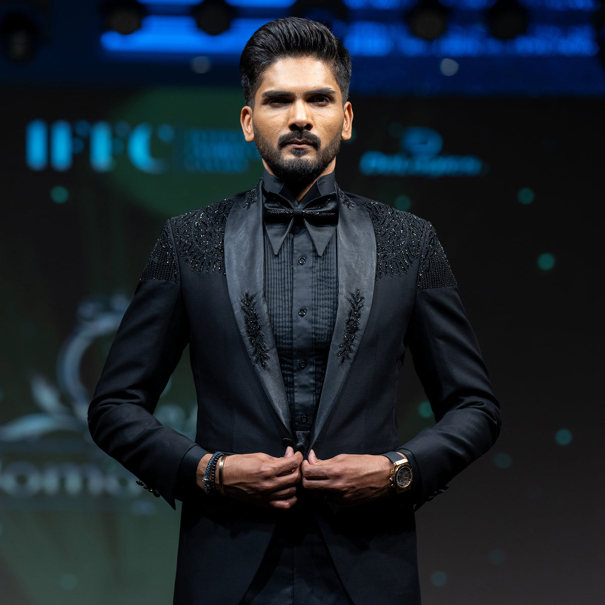 Men's Luxury Black Embellished Shoulder Tuxedo with Cummerbund & Bow Tie