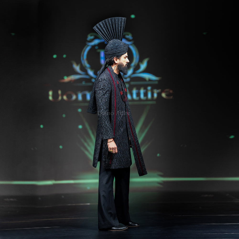
                  
                    Men's Luxury Black Embroidered Sherwani with Groom Turban & Mala
                  
                
