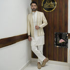 Men's Luxury Off-White Embroidered Prince Coat with White Kurta