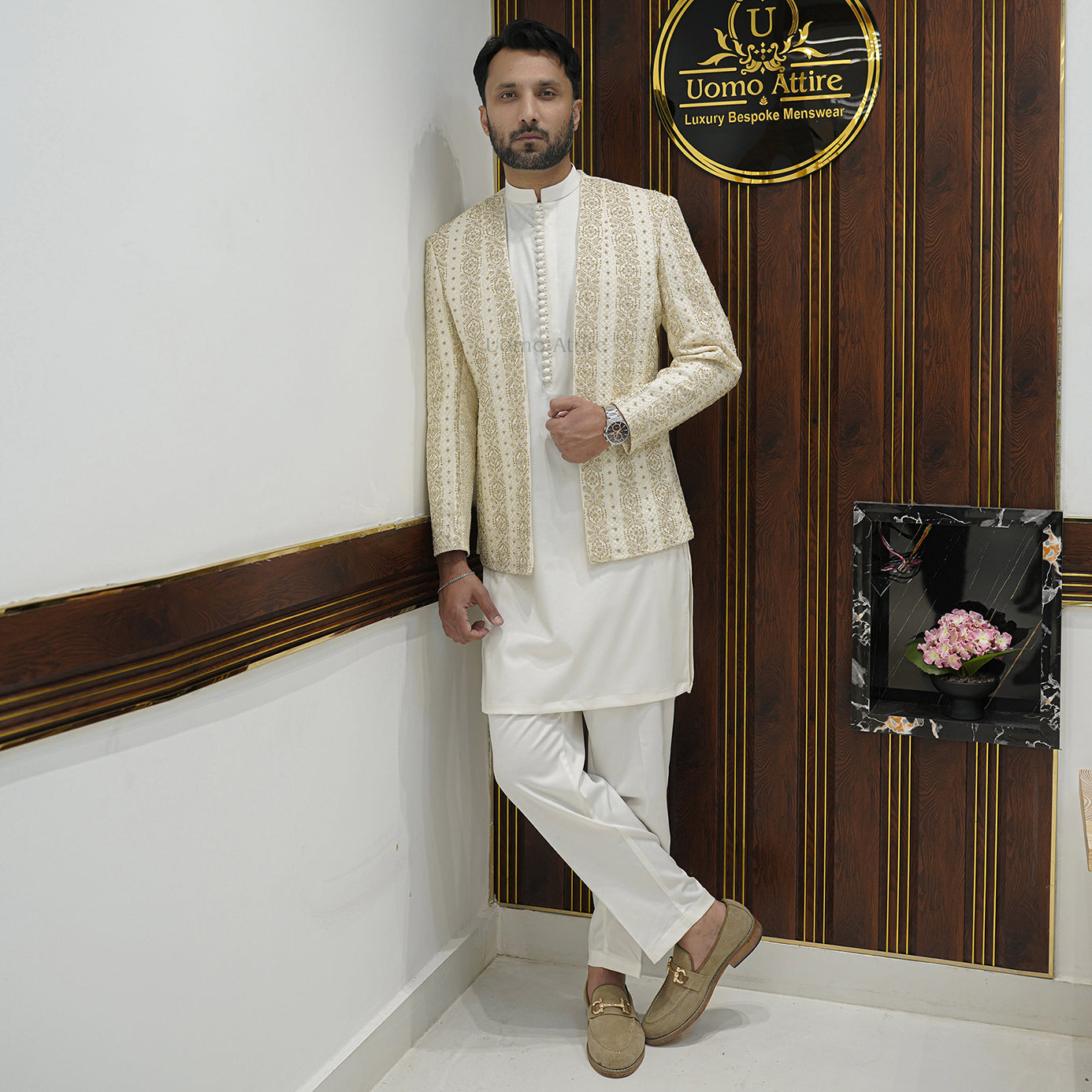 
                  
                    Men's Luxury Off-White Embroidered Prince Coat with White Kurta
                  
                