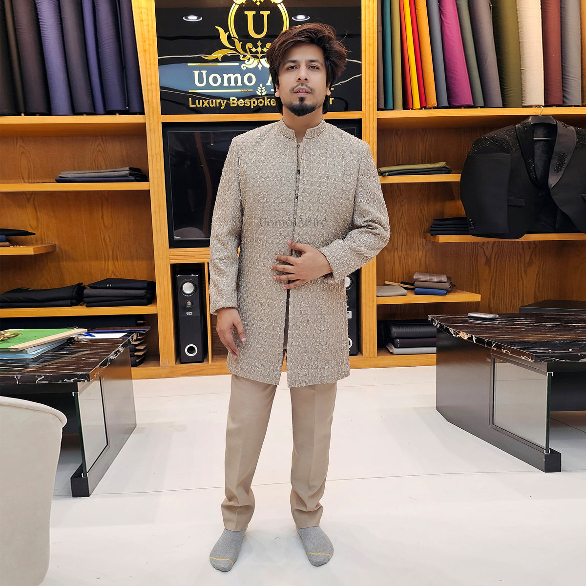 Men's Beige Golden Heavy Embroidered Short Sherwani