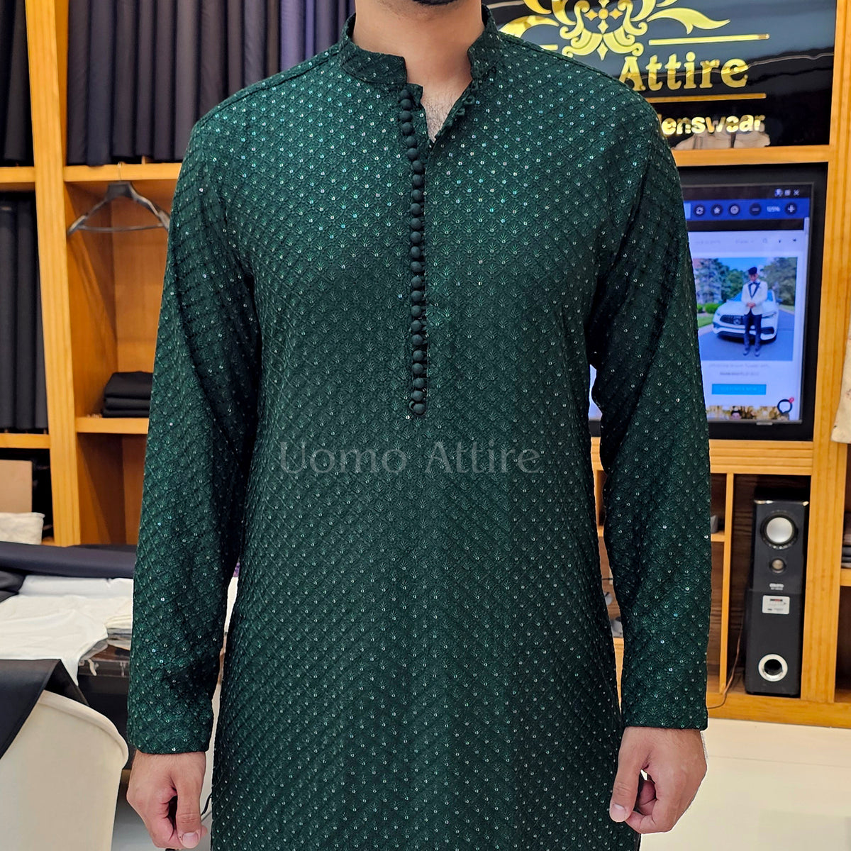 Men's Luxury Emerald Green Embroidered Kurta Pajama