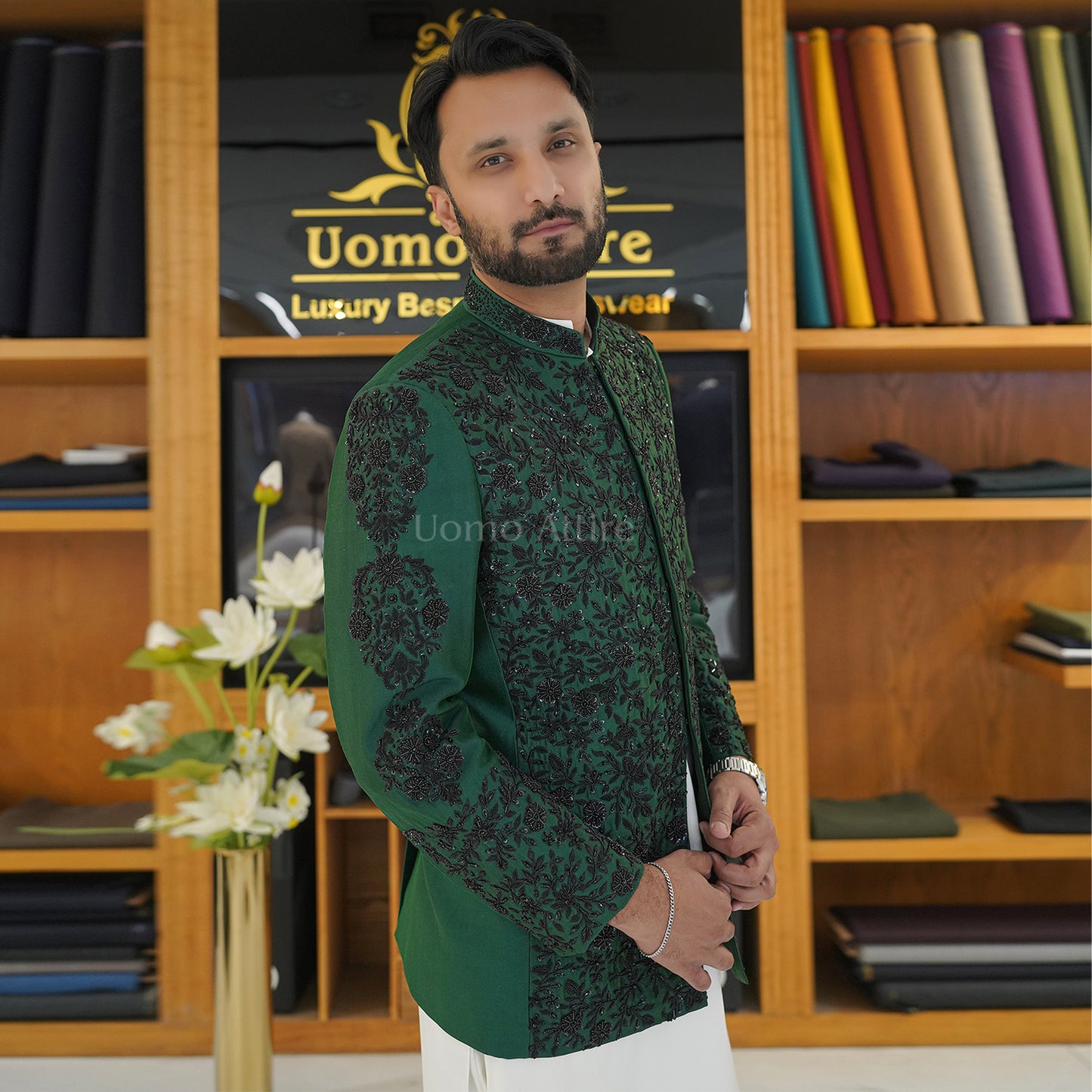 
                  
                    Men's Luxury Emerald Green Embroidered Prince Coat with White Kurta
                  
                