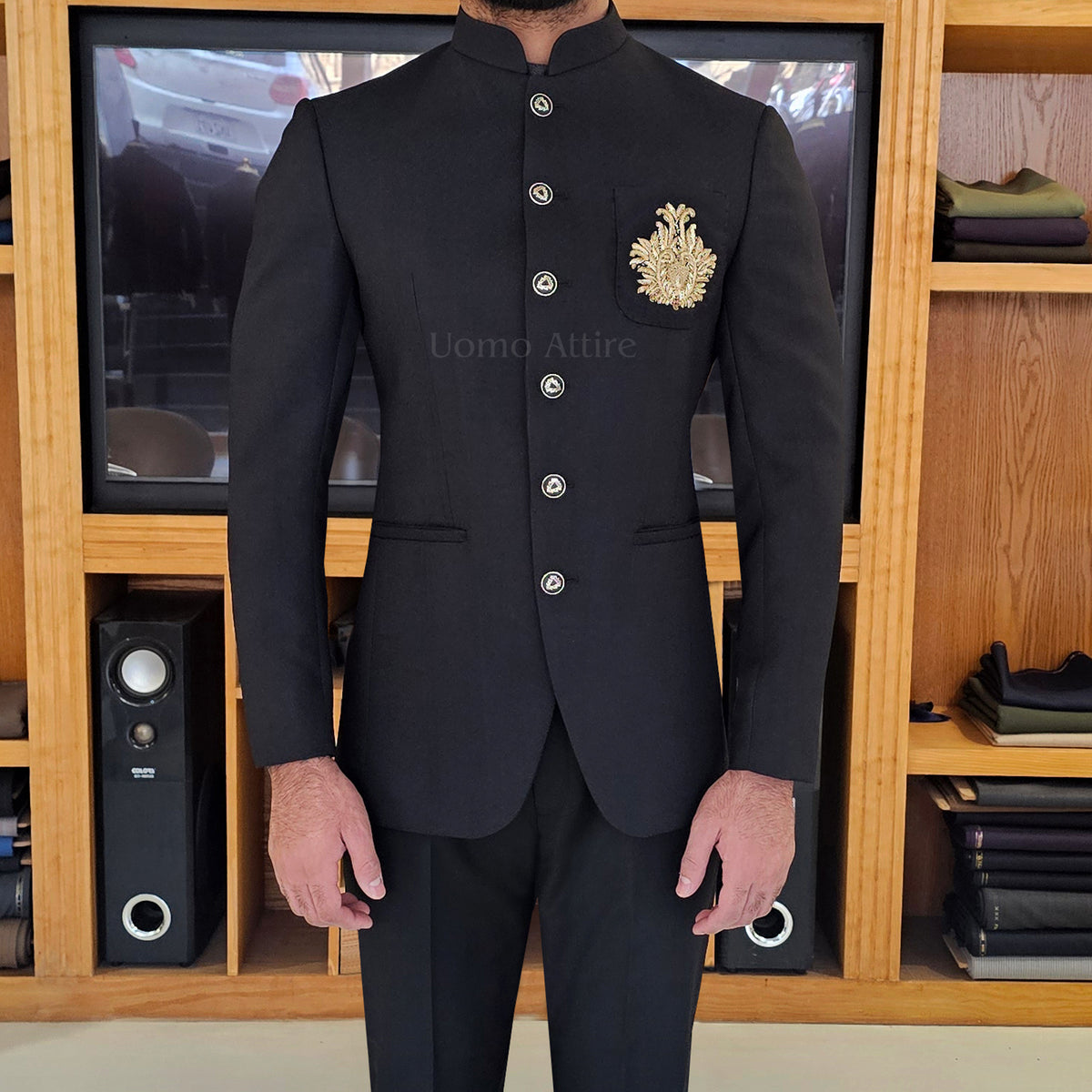 Men's Luxury Black Bandhgala Prince Coat 2-Piece Suit For Premium Groom