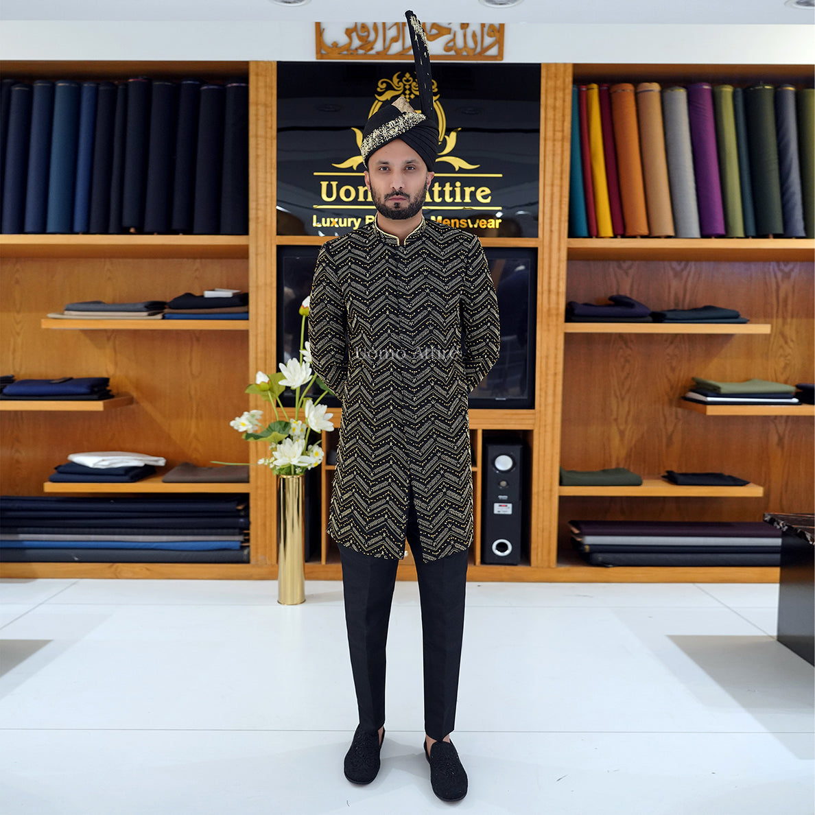Men's Luxury Black Embroidered Sherwani with Gold Detailing & Saafa