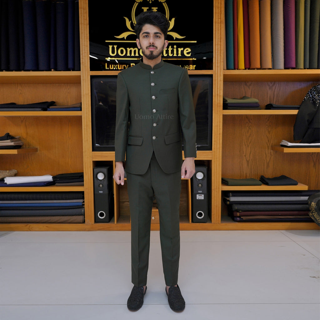 Men's Luxury Olive Green Bandhgala Prince Coat 2 Piece Suit