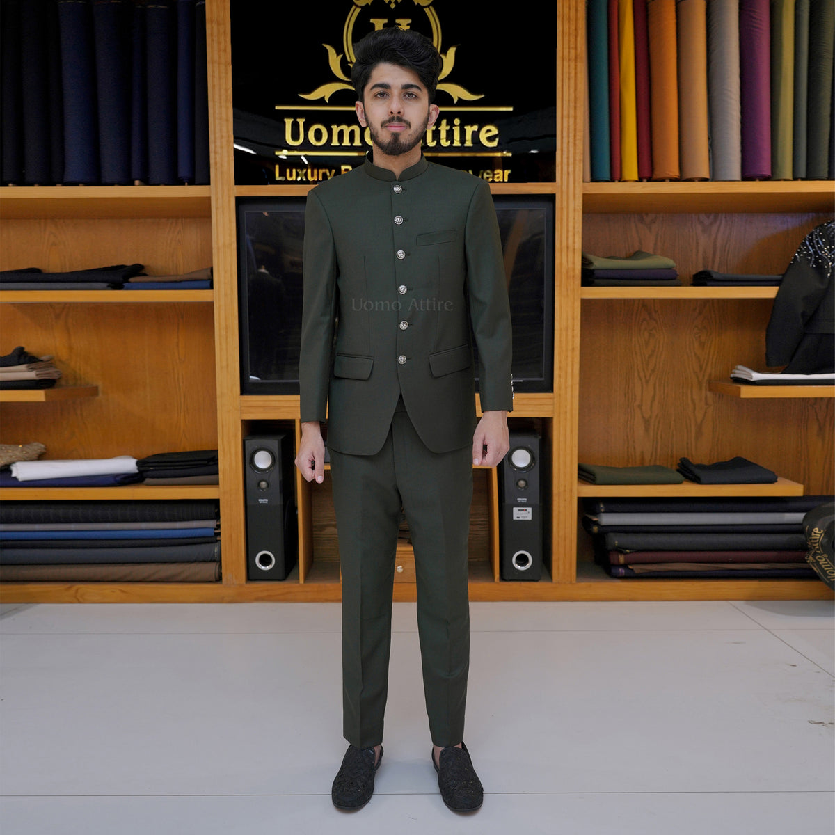 Men's Luxury Olive Green Bandhgala Prince Coat 2 Piece Suit
