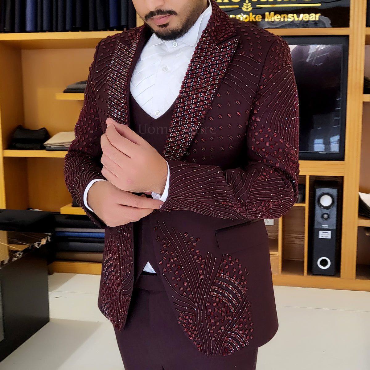 Men's Luxury Maroon Embellished 3-Piece Tuxedo Suit