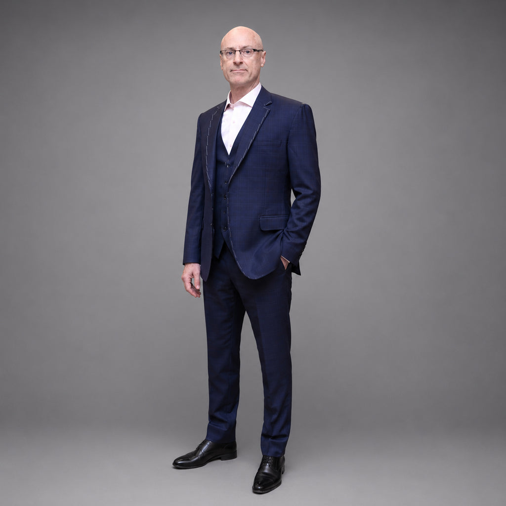 Simon James Mitchell wearing Navy Blue 3 Piece Suit in Cashco Wool