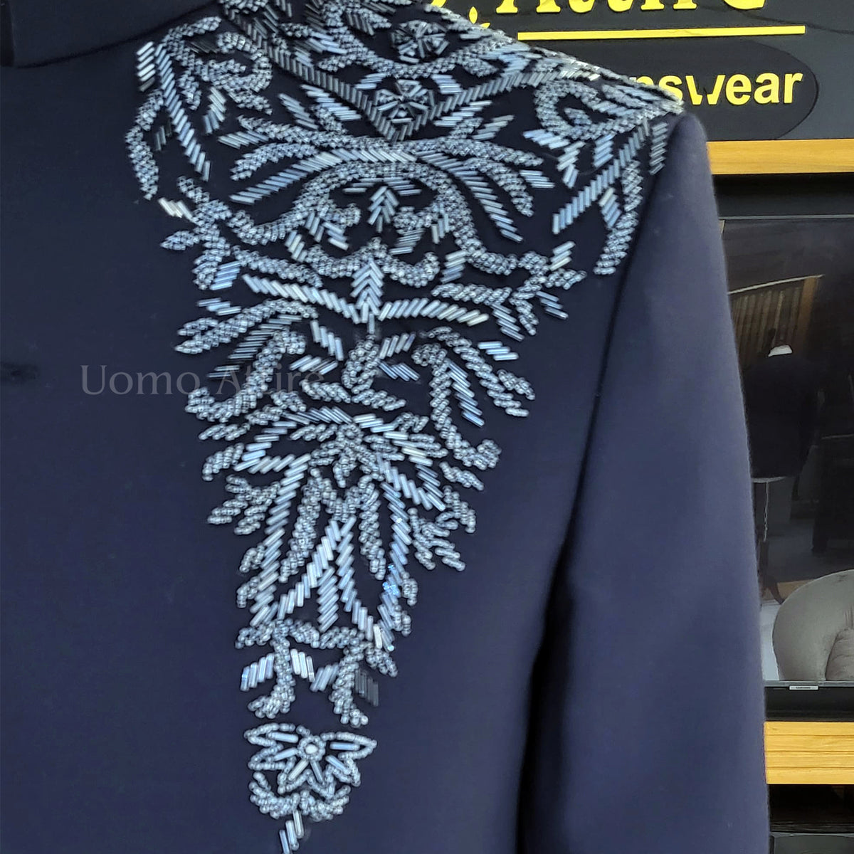 Men's Luxury Navy Blue Embroidered Prince Coat Suit