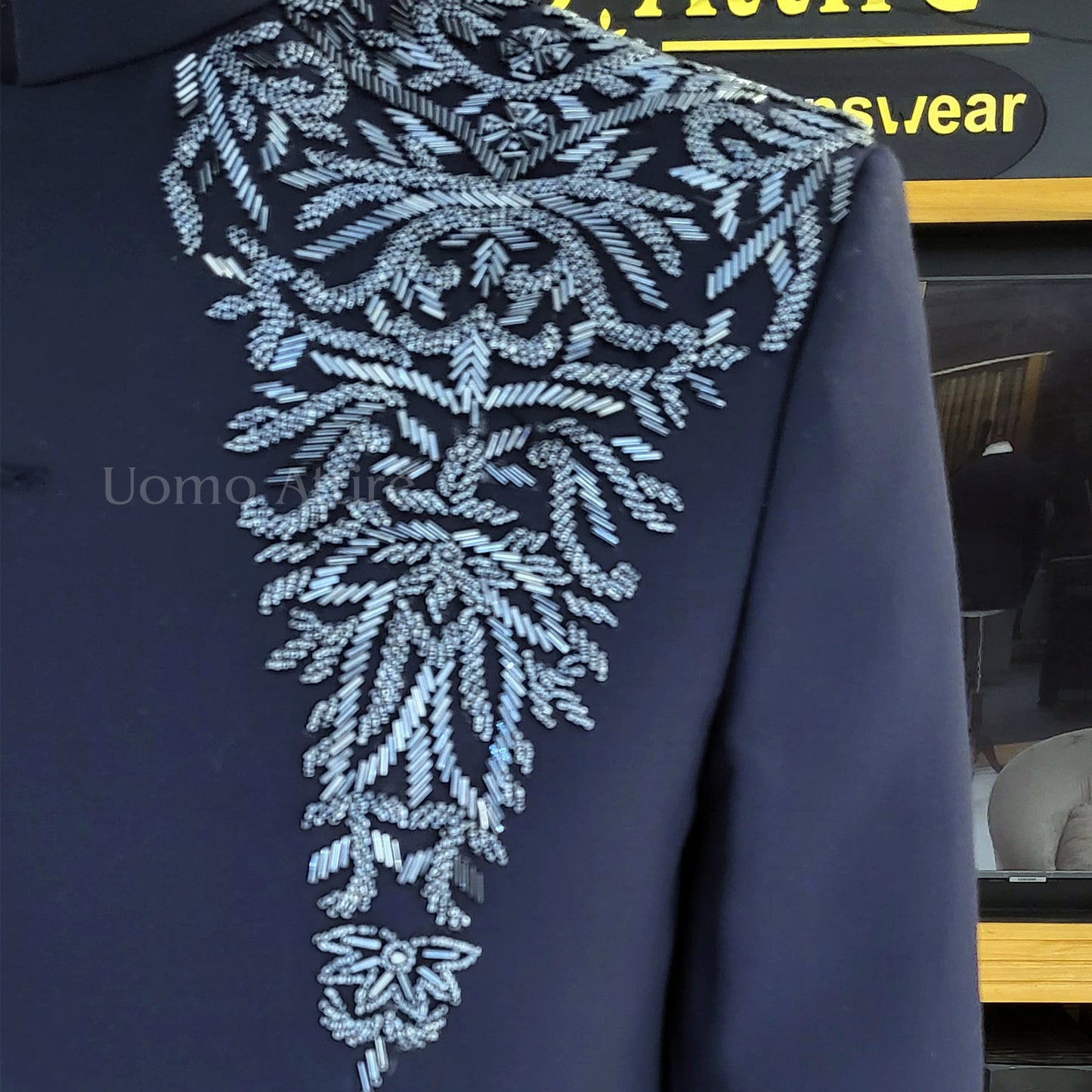 
                  
                    Men's Luxury Navy Blue Embroidered Prince Coat Suit
                  
                
