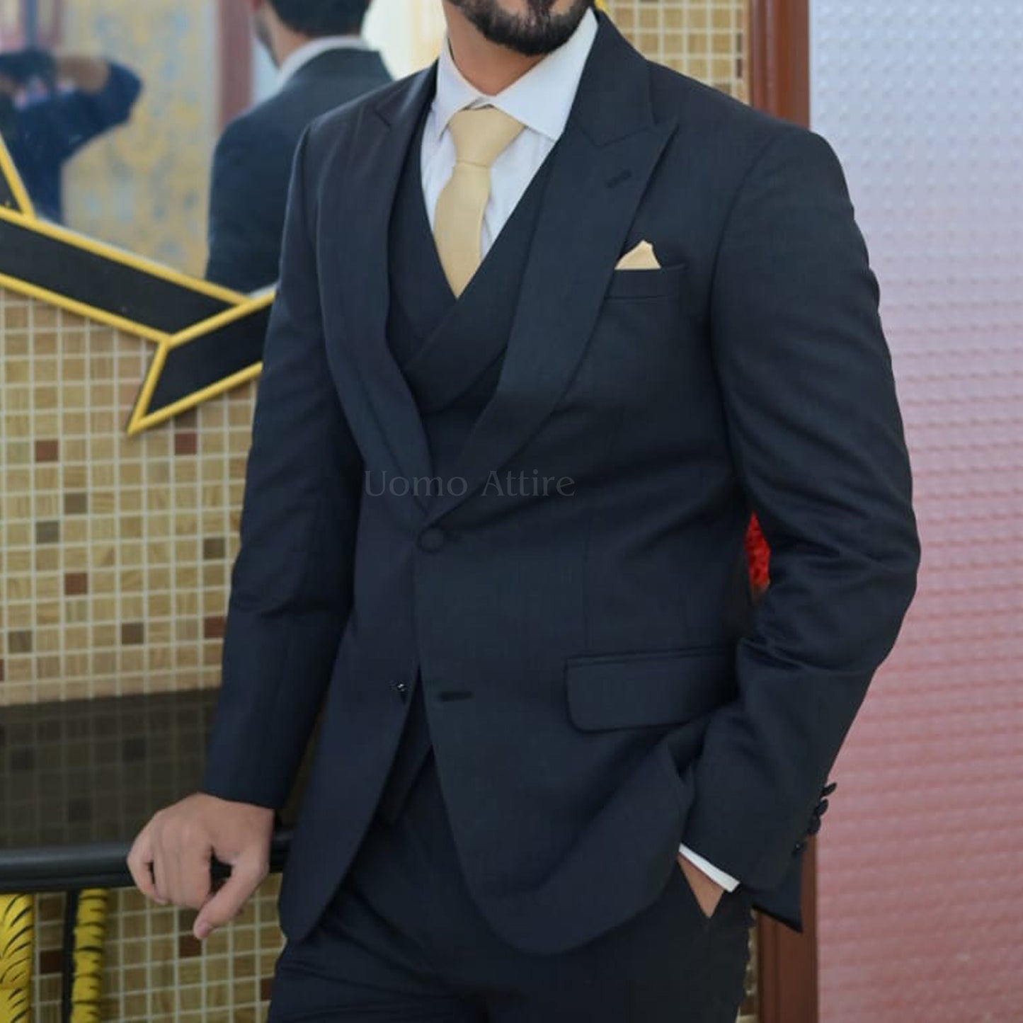 
                  
                    Men's Luxury Charcoal Grey 3-Piece Suit with Gold Tie
                  
                