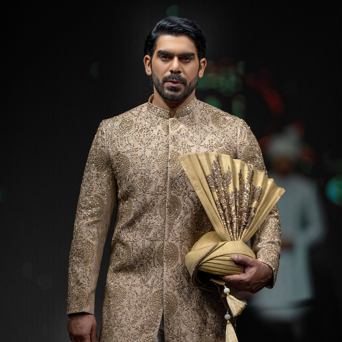 Men's Luxury Golden Embroidered Sherwani with Turban