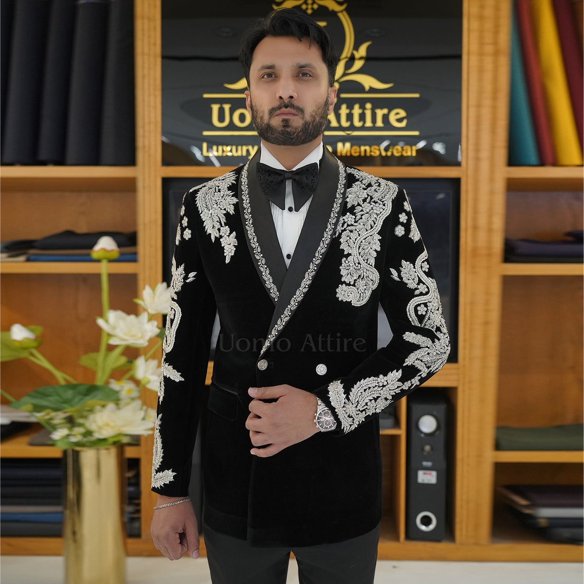 Men's Luxury Black Velvet Embroidered Tuxedo 2-Piece Suit