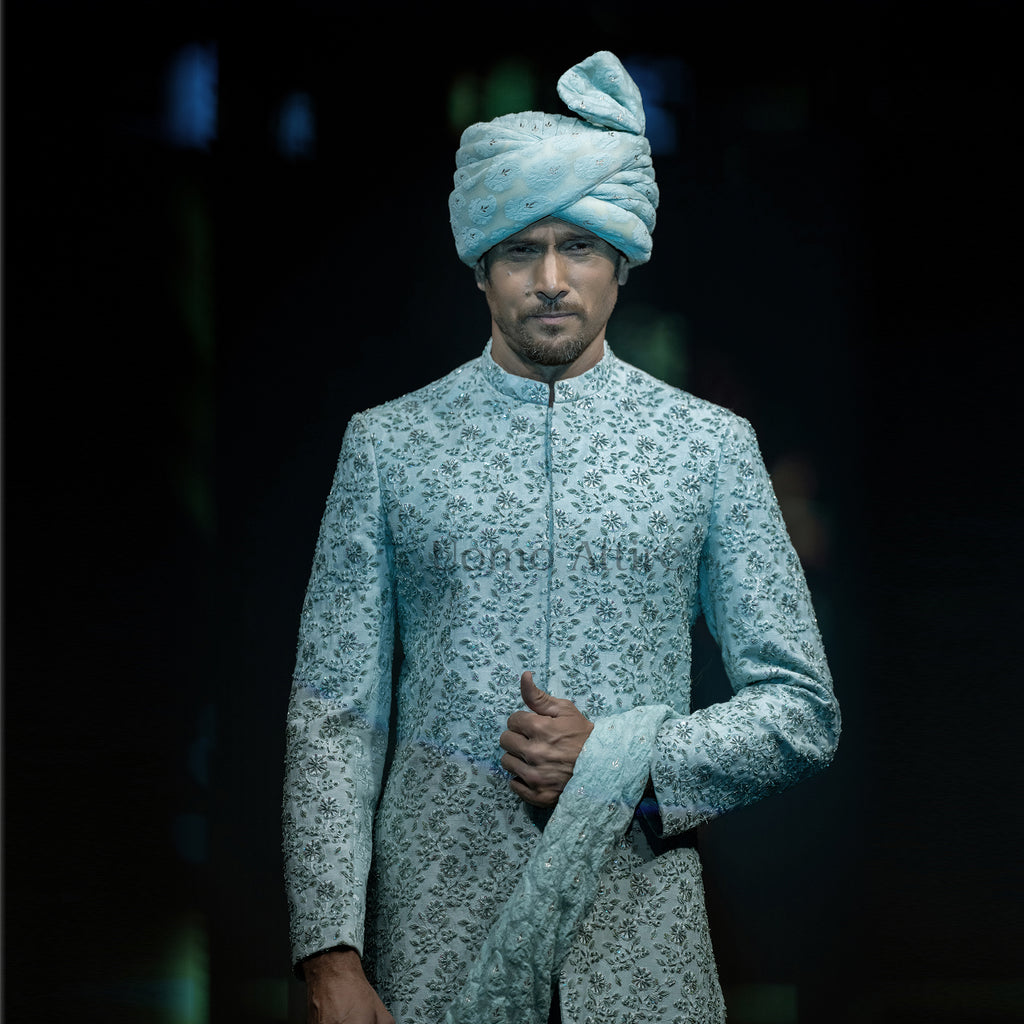 Men's Luxury Ice Blue Embroidered Sherwani with Matching Turban