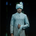 Men's Luxury Ice Blue Embroidered Sherwani with Matching Turban