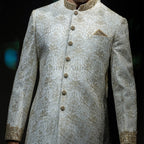 Men's Luxury Ivory & Gold Embroidered Sherwani with Royal Kalgi Turban