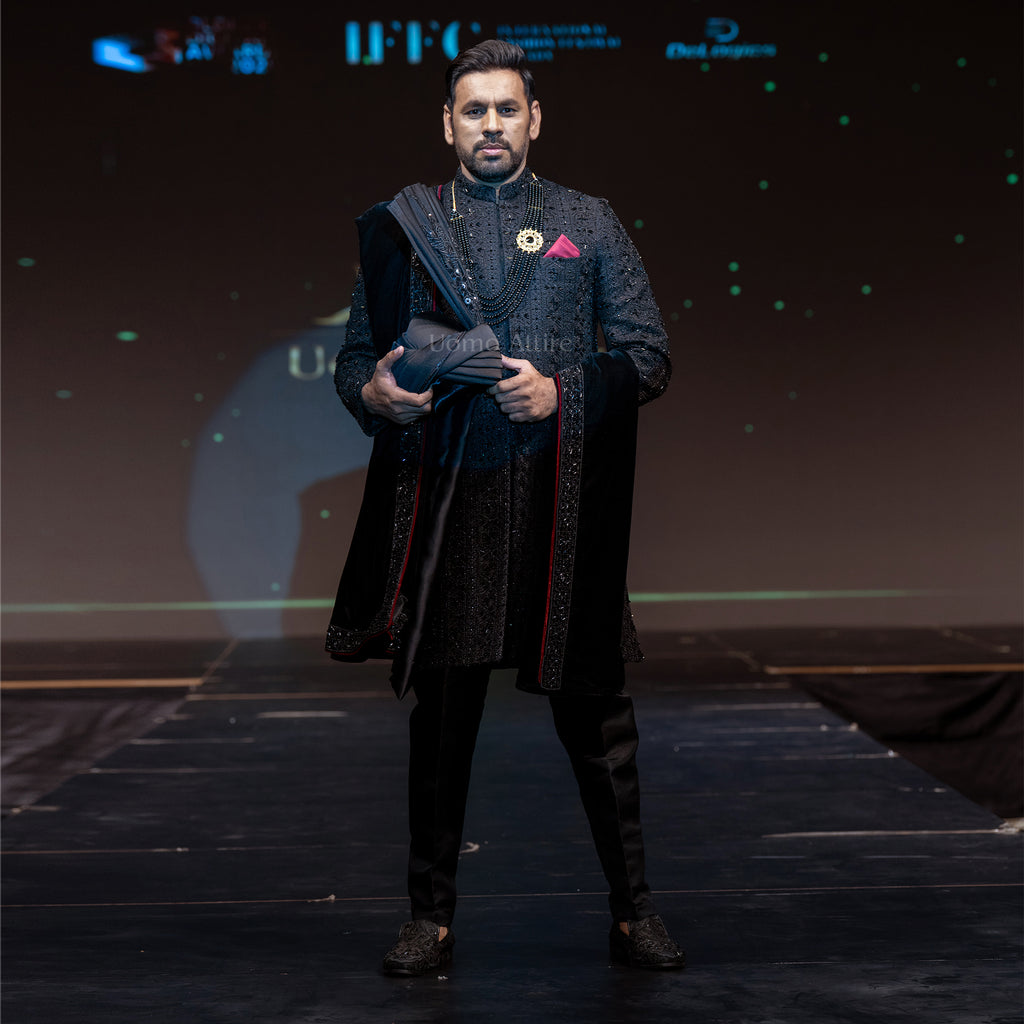 Men's Luxury Black Velvet Embroidered Sherwani with Shawl & Turban
